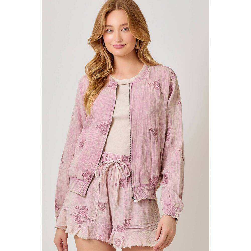 "Roseanna" Embroidery Bomber Jacket in Washed Rose